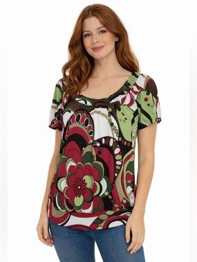 Y2K AB Studio Psychedelic Floral Top Small Retro Mod Puff Sleeve Tunic Blouse